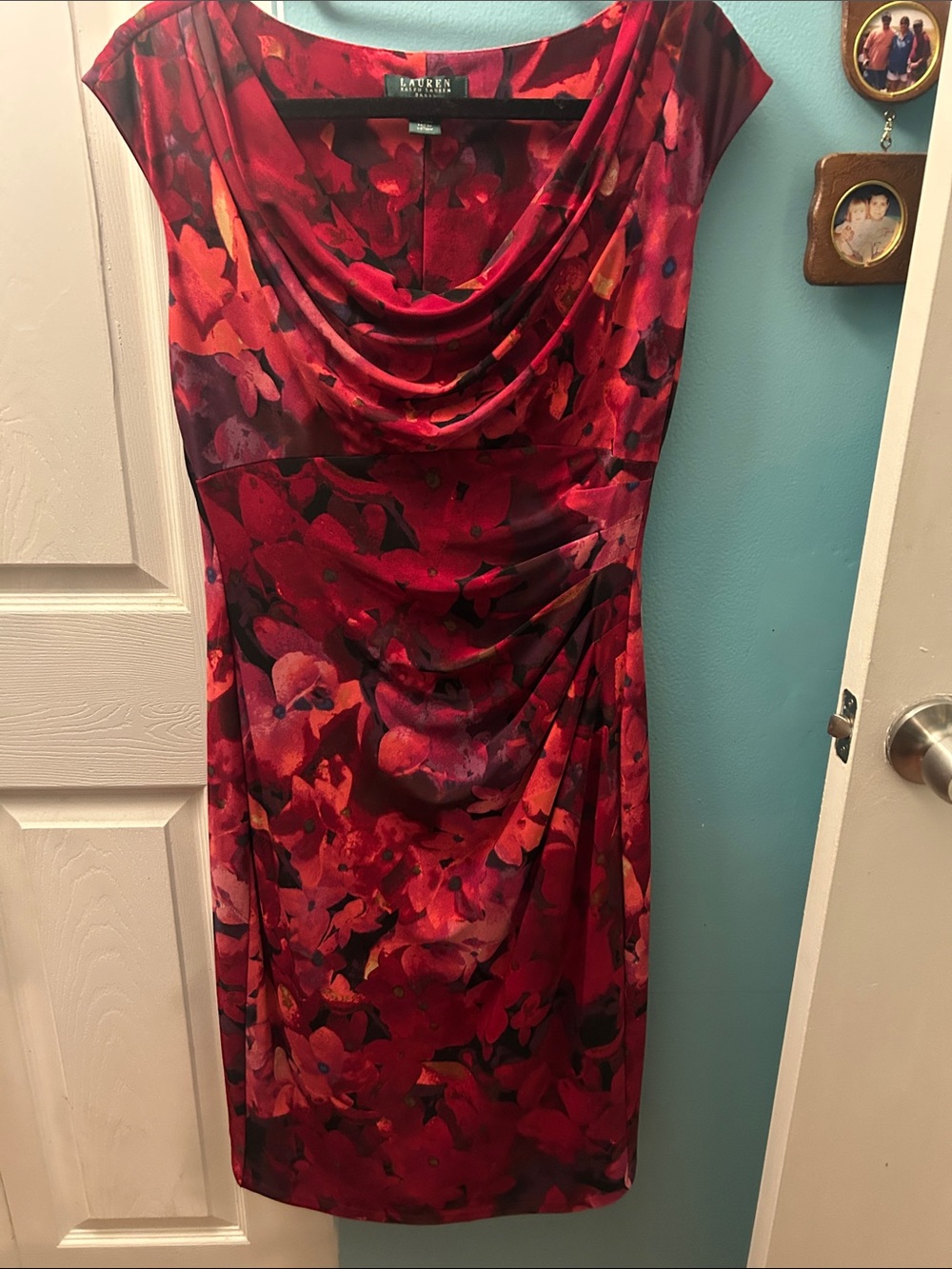 Lauren Ralph Lauren Red & Black Floral Cowl Neck Midi Dress
